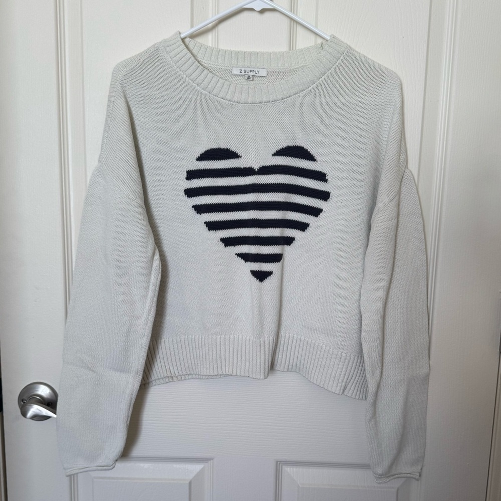 Z Supply White Sweater with Black Striped Heart